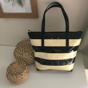 Kate Spade Black and Cream Striped Patent Tote
